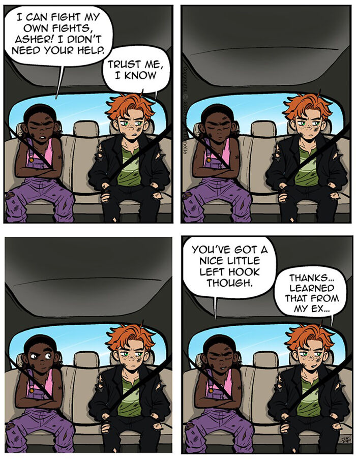 Two teens in a heartfelt webcomic capturing teen relationships and friendships, sitting silently in a car.