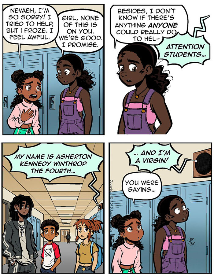Webcomic panels showing teens in a school hallway, capturing teen relationships and friendships by this artist.