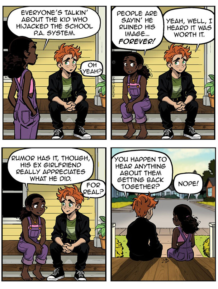 Heartfelt webcomic panel showing two teens discussing rumors, capturing teen relationships and friendships by this artist.