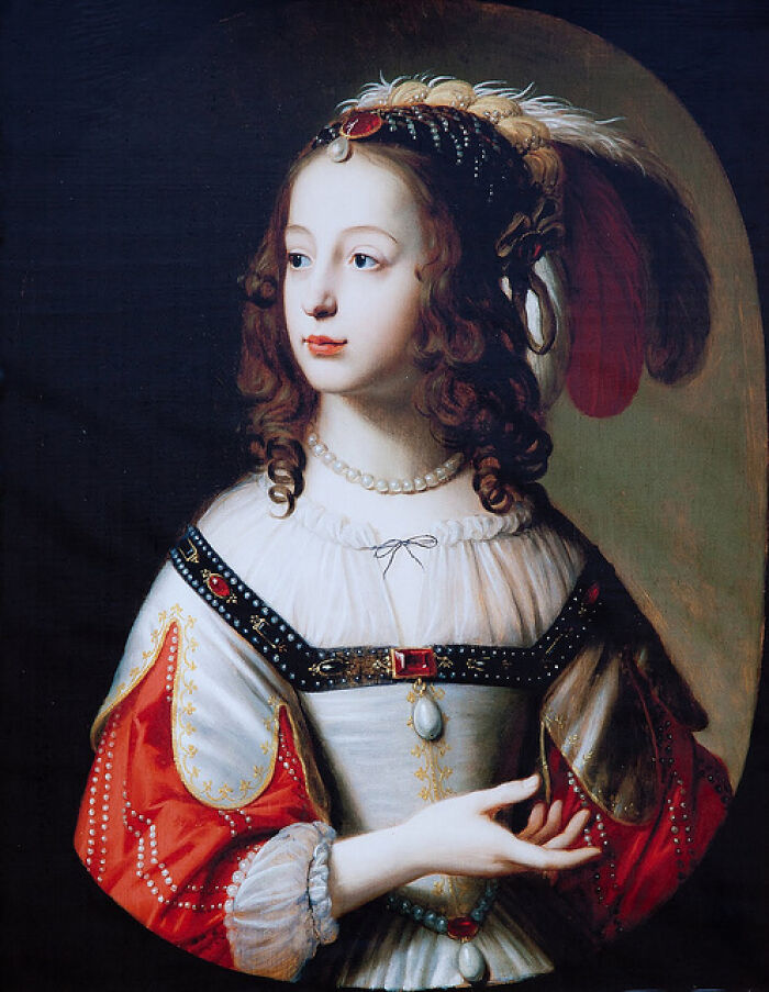 Portrait of a famous historical woman wearing elaborate 17th-century attire, showcasing beauty in famous names from history.