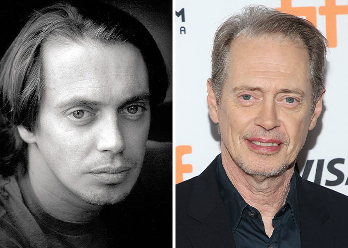 Actor Steve Buscemi mostrando sus peculiaridades únicas en dos fotografías, celebridad con rasgos distintivos.