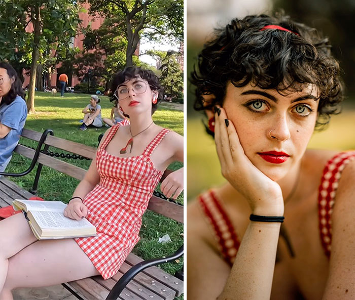 Young woman in a red checkered dress sitting on a park bench and a stunning portrait capturing candid reactions.