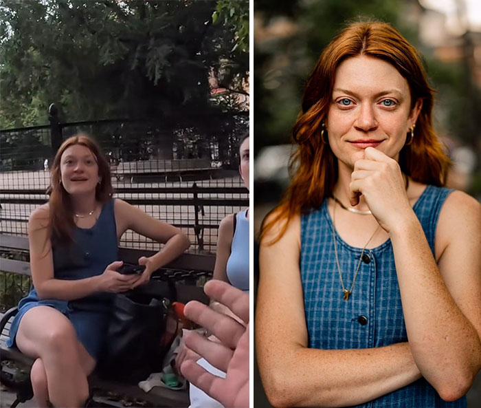 Left image shows a woman’s candid reaction sitting on a bench, right image captures her stunning portrait with a confident pose.