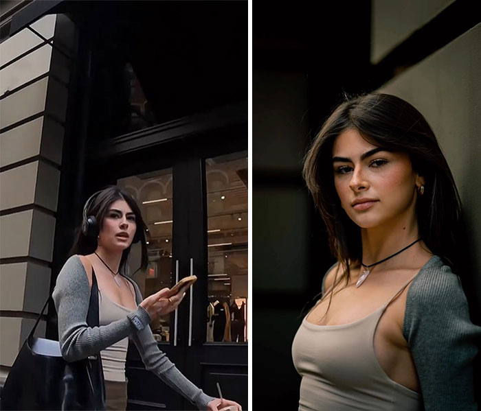 Young woman wearing headphones holding phone candidly on street before stunning portrait photo session