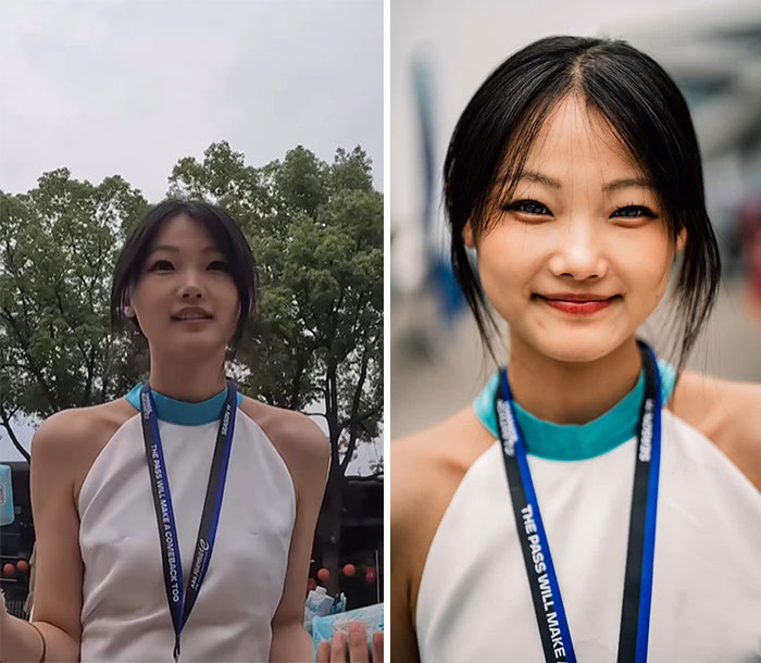 Young woman wearing a lanyard captured candid moments before stunning portraits by the photographer outdoors and up close.