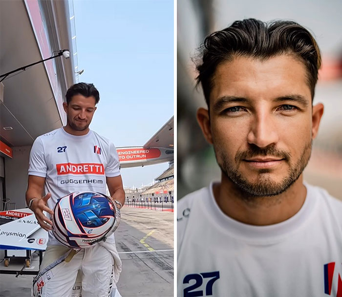 Man holding helmet at a racetrack and candid portrait showing natural expressions captured by photographer.