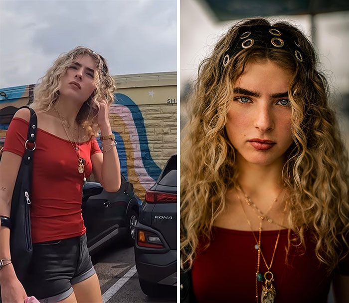 Young woman with curly hair captured in candid moment and stunning portrait by photographer showcasing natural expressions