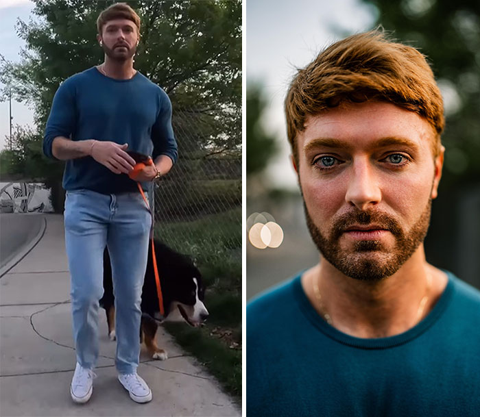 Man walking a dog and then captured in a stunning portrait, showcasing candid reactions before photography session.