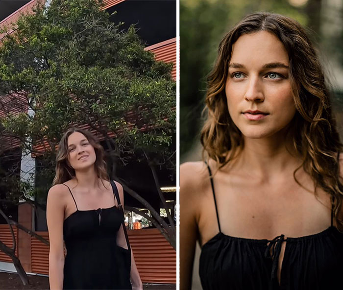 Young woman in a black dress outdoors showing candid reactions moments before a stunning portrait photograph.