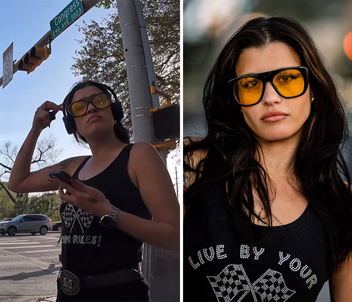 Woman wearing yellow glasses and black tank top reacts candidly before photographer captures stunning portrait outdoors