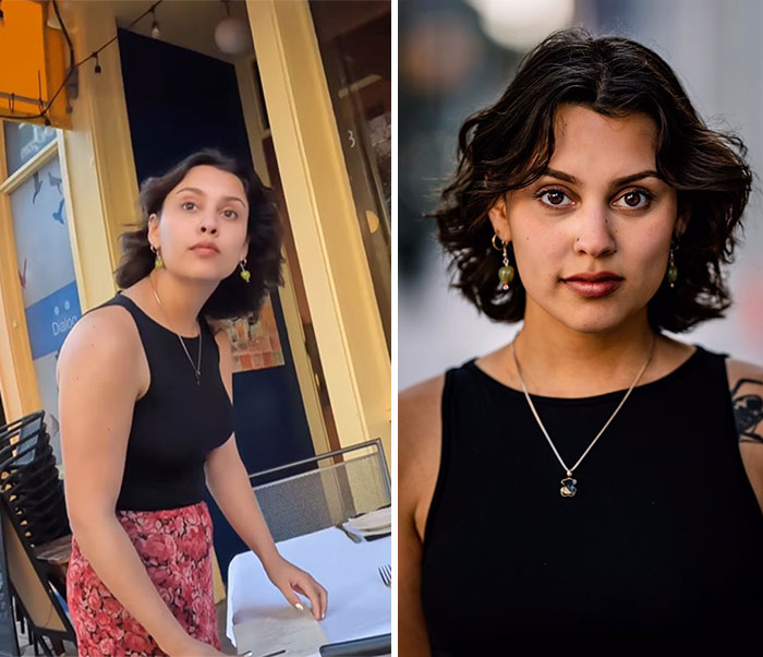 Young woman in a black top captured candidly outdoors and in a stunning portrait showcasing photographer captures candid reactions of strangers.