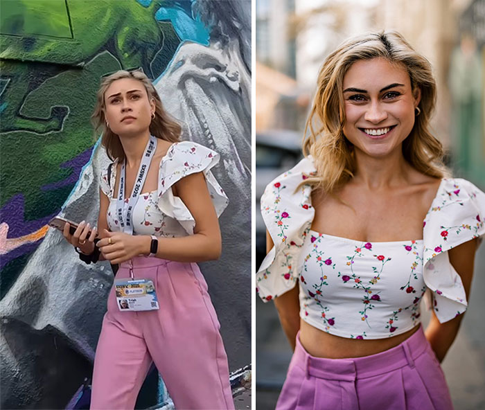 Young woman in floral top and pink pants captured by photographer, showing candid reactions and stunning portrait.