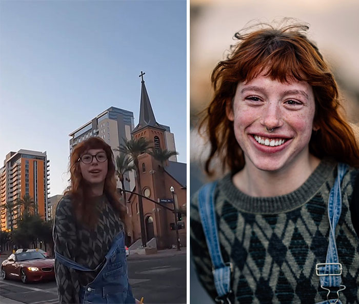 Split image showing candid reaction of a smiling woman with red hair before stunning portrait photoshoot outdoors.