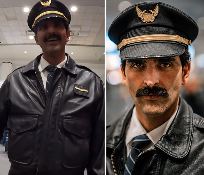 Pilot in leather jacket and cap, captured candidly moments before stunning portrait by photographer.