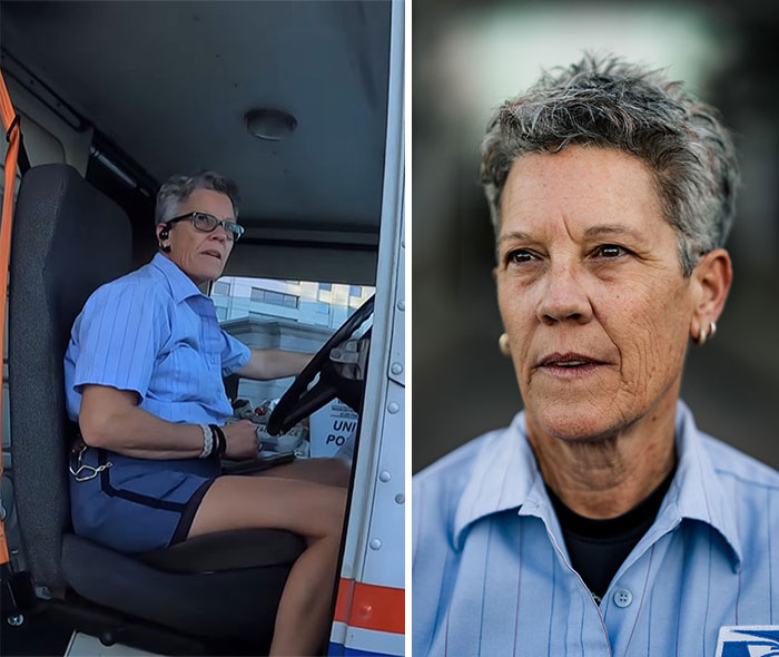 US postal worker in uniform captured candidly before stunning portrait in natural outdoor lighting by photographer