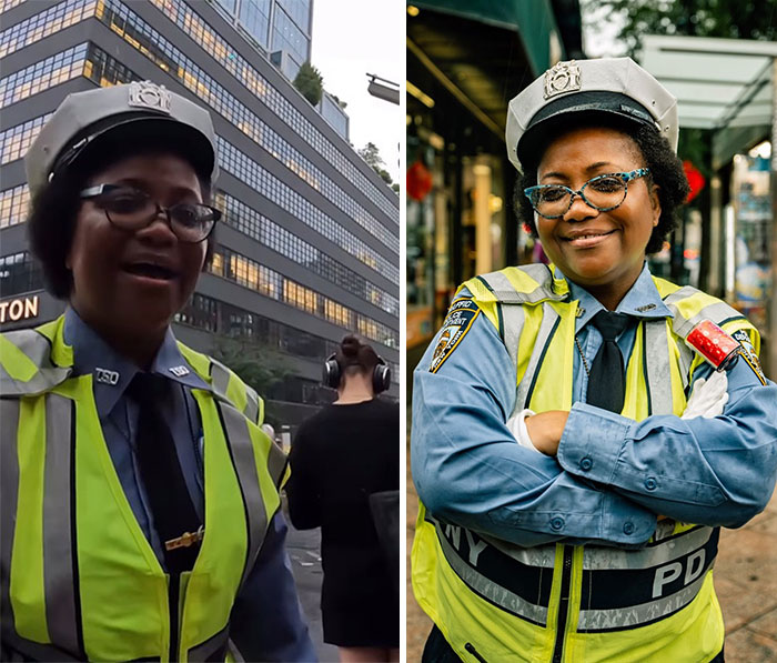 Police officer wearing reflective vest and glasses smiling in candid moment captured before stunning portrait.