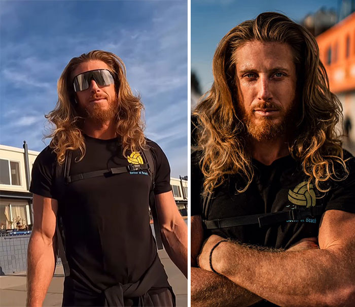 Man with long hair and beard wearing sunglasses and black shirt, captured in candid portraits by photographer outdoors.