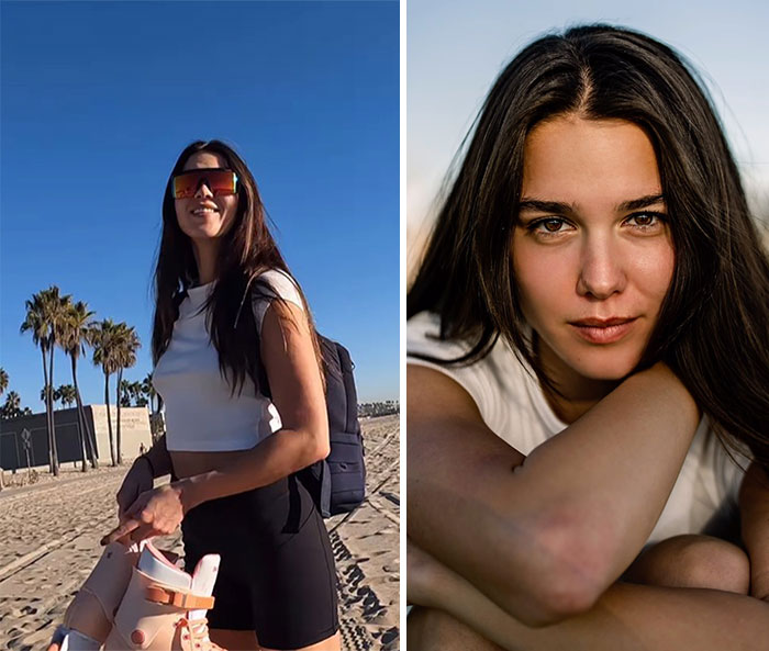Candid reactions of a woman on the beach moments before photographer captures stunning portraits outdoors.