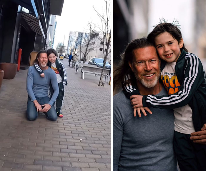 Photographer captures candid reactions of a man and child outdoors moments before stunning portraits on a city sidewalk.