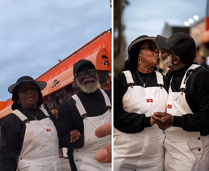 An elderly couple wearing white overalls share candid, loving moments captured in stunning street portraits by a photographer.