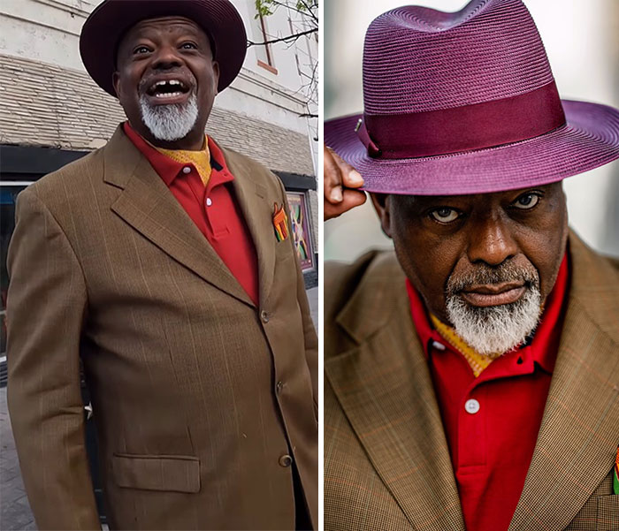 Man in brown suit and purple hat showing candid reaction and posed portrait captured by photographer.
