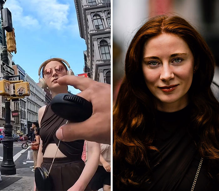 Candid reactions of a woman on city street moments before stunning portrait capture by photographer.
