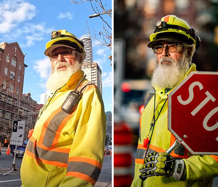 Construction worker in high-visibility gear holding a stop sign in candid moments before stunning portraits