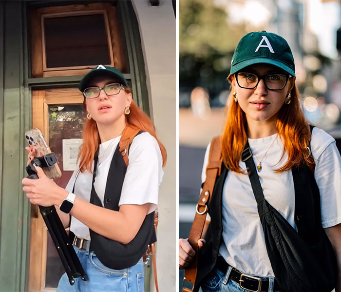 Young woman wearing glasses and cap with camera gear, captured moments before stunning portrait photography session.
