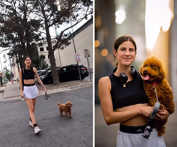 Young woman walking with her dog on a city street and candid portrait captured moments before with her pet.