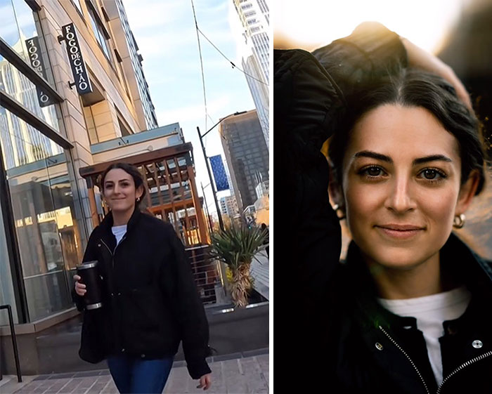 Woman holding coffee cup outdoors and close-up portrait with natural light, showcasing candid reactions before stunning portraits.