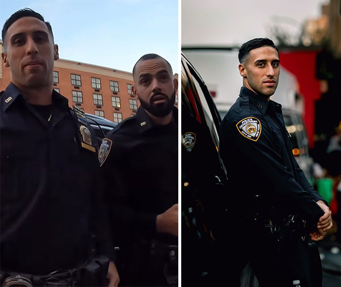 Two photos side by side showing candid reactions and stunning portraits of police officers in uniform outdoors.