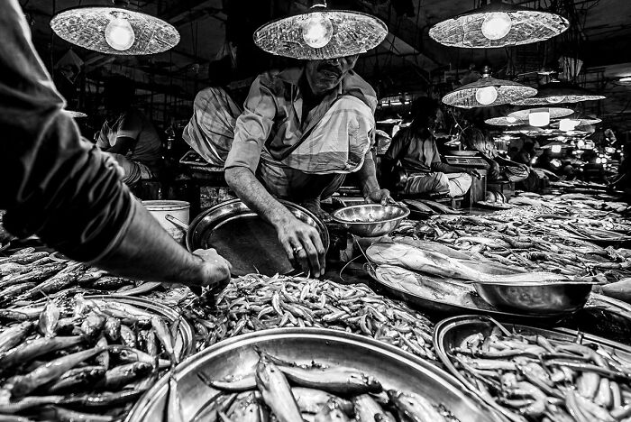 Candid street photo of a fish market vendor arranging fresh fish under bright hanging lamps, capturing everyday life.