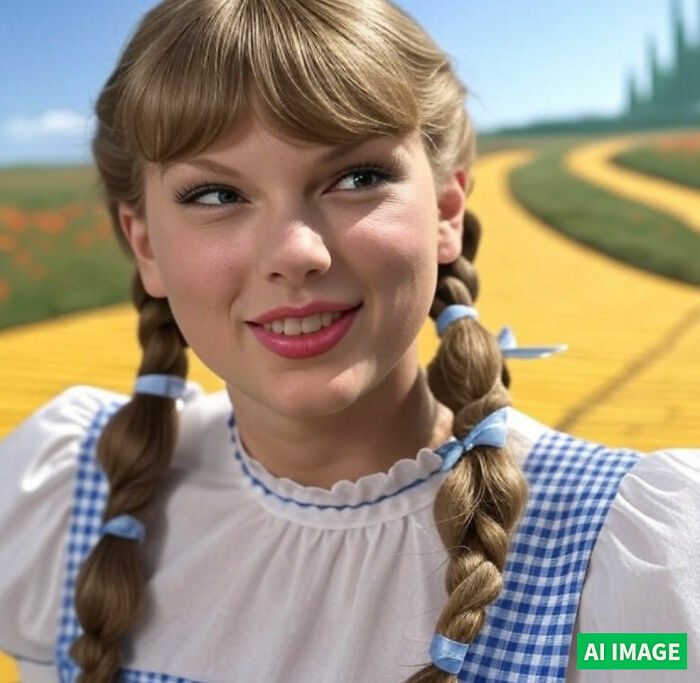 Taylor Swift dressed as Dorothy in new Wicked movie, smiling with braided hair and blue gingham dress on yellow brick road.