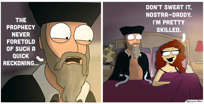 Comic featuring a bearded man and woman in bed with a humorous dialogue, showcasing bold and hilarious comics by the artist.