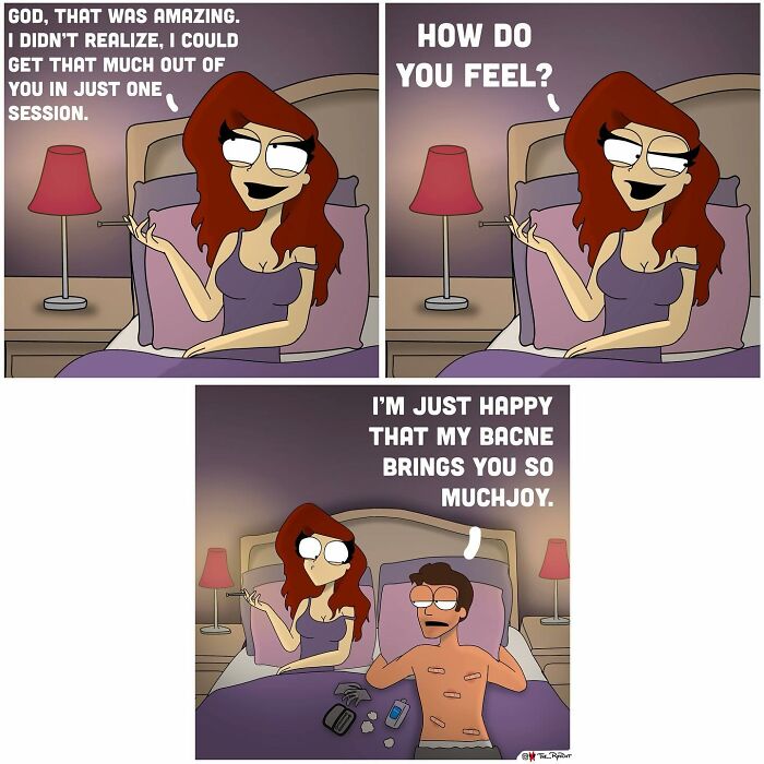 Comic strip featuring a woman and man in bed with a bold and hilarious naughty joke about bacne.