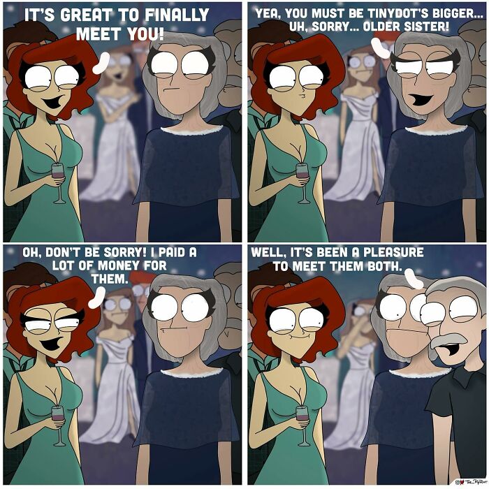 Bold and hilarious comic panels featuring witty dialogue between two women at a social event with a humorous twist.