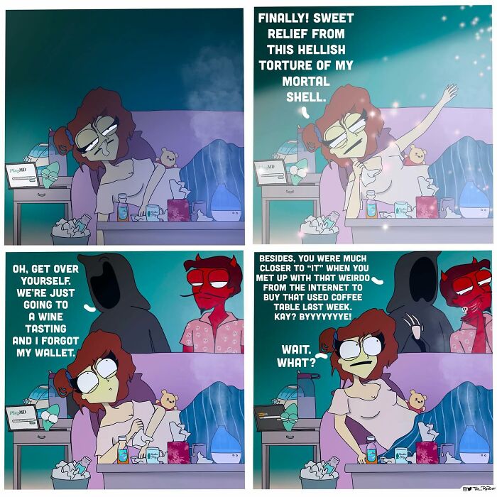 Four-panel comic showing a tired woman dealing with illness and funny dialogue with death and devil characters.