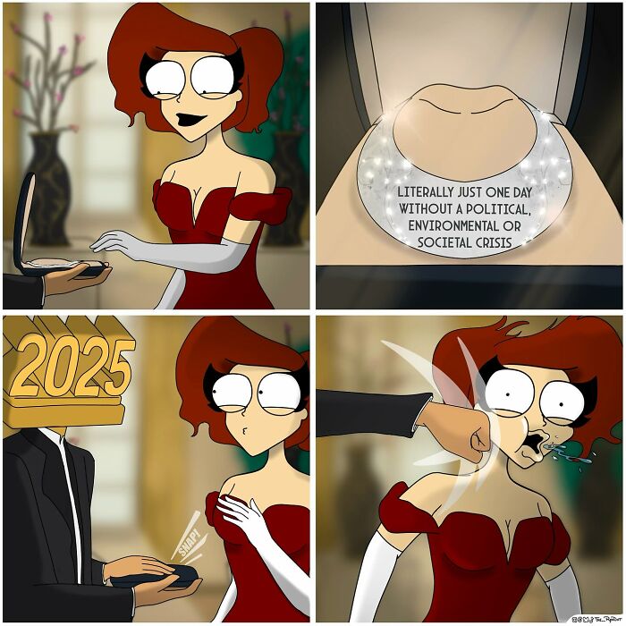 Bold and hilarious comic panels depict a woman, a 2025 figure, and a satirical political message necklace.