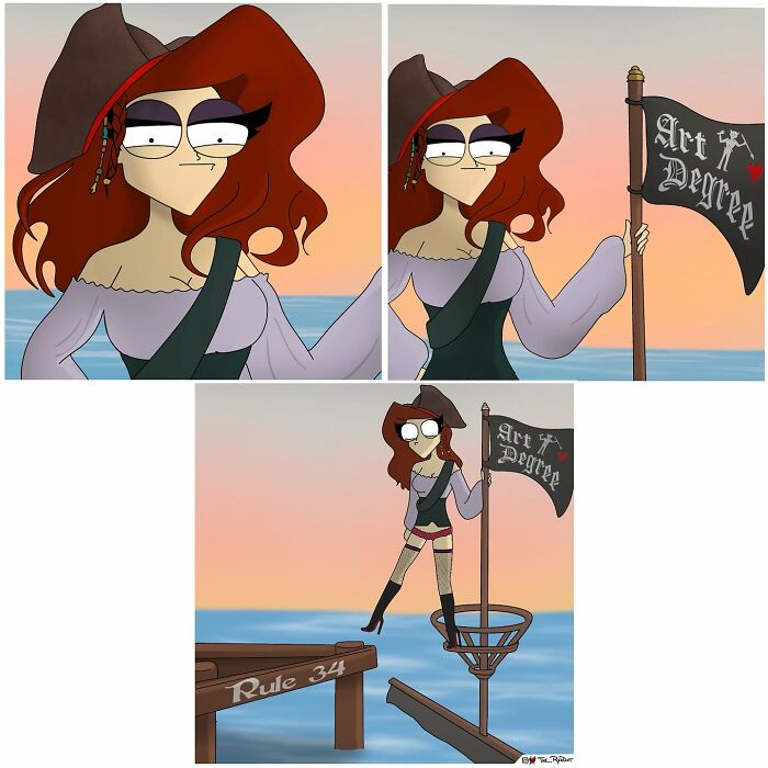 Comic-style illustration of a bold, humorous pirate woman holding a flag at sunset, highlighting naughty comics by an artist.