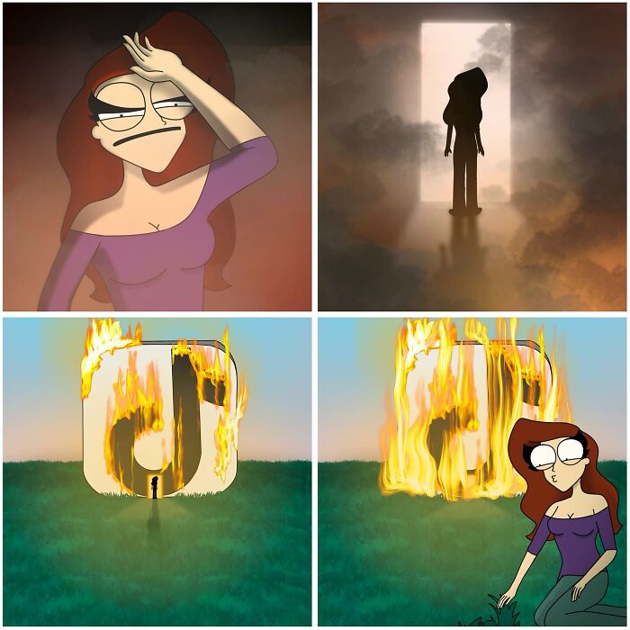 Four-panel comic featuring a woman with red hair and humorous scenes, part of bold and hilarious comics collection.