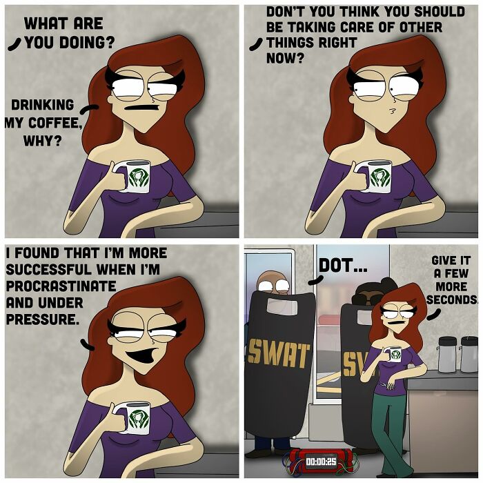 Comic strip of a woman drinking coffee and humorously delaying a SWAT team’s b**b detonation, bold and hilarious comics style.