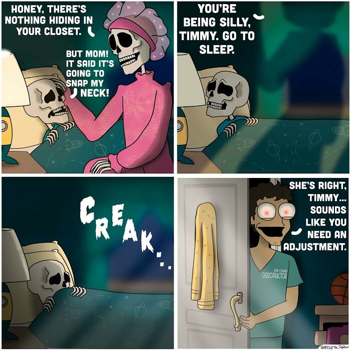 Comic panels with skeletons and a chiropractor, featuring bold and hilarious naughty humor by the artist.