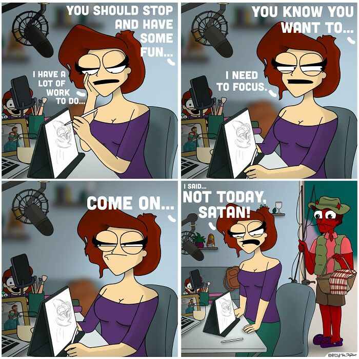 Comic artist resisting distractions while working, featured in bold and hilarious comics with a bit of naughty humor.