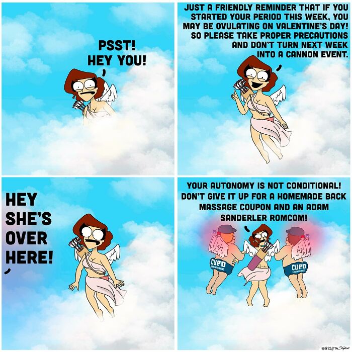 Comic panels featuring a bold and hilarious cartoon angel delivering a cheeky message about autonomy and valentines.