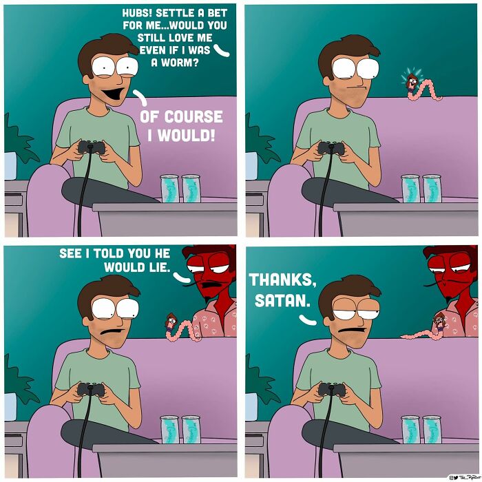 Comic strip featuring a man betting with a worm, then Satan appears, showcasing bold and hilarious comic humor.