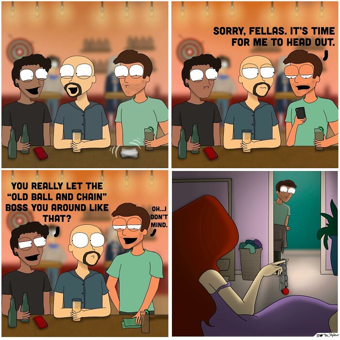 Four-panel comic by artist showing friends at a bar with a humorous twist on the old ball and chain joke.
