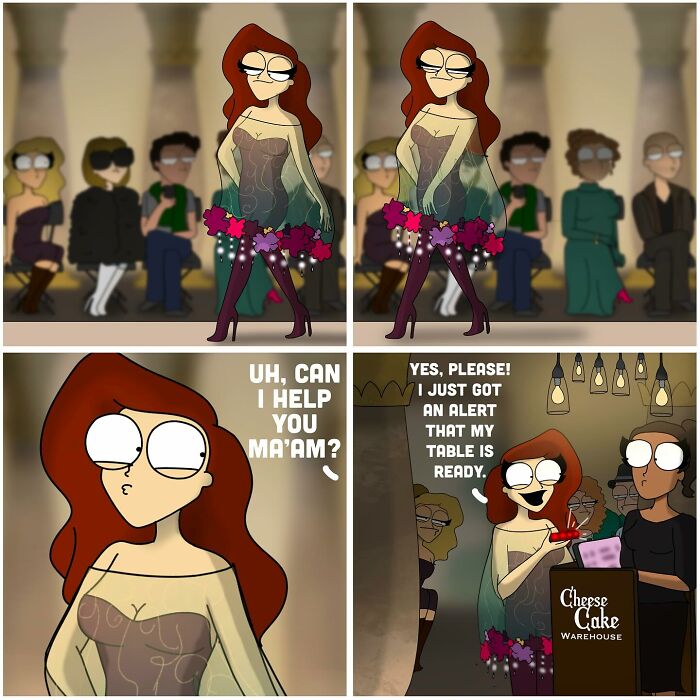 Cartoon comic featuring a confident woman in a floral dress interacting at a restaurant, bold and hilarious comic style.