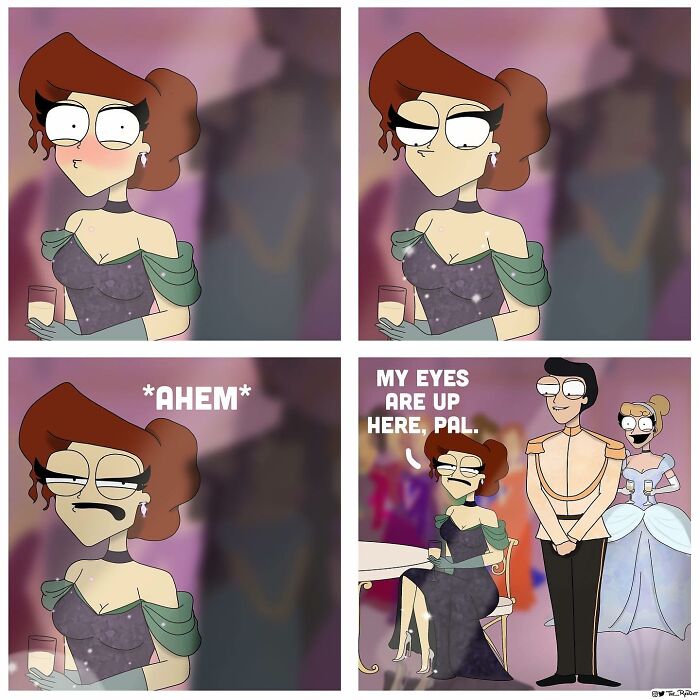 Comic strip featuring a bold and hilarious woman calling out a man for staring in a humorous and slightly naughty scene.