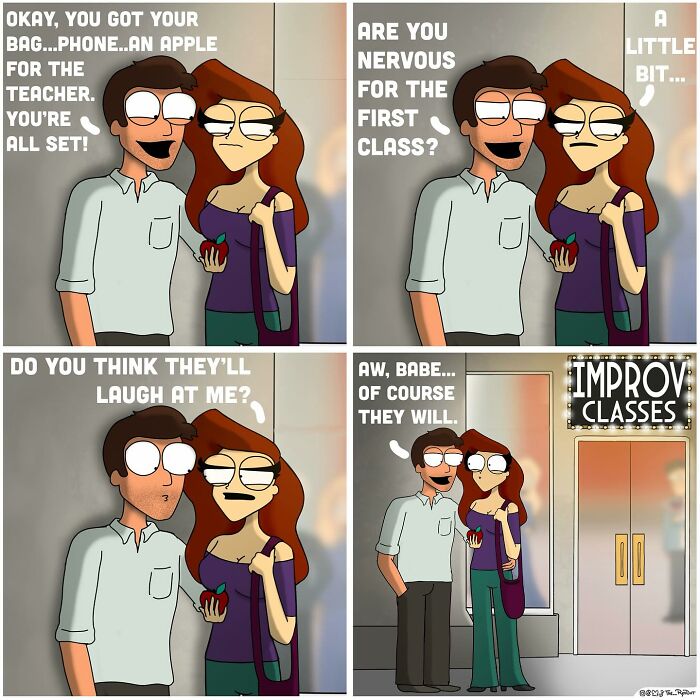 Couple nervously discussing first class at improv classes in a bold and hilarious comic style.