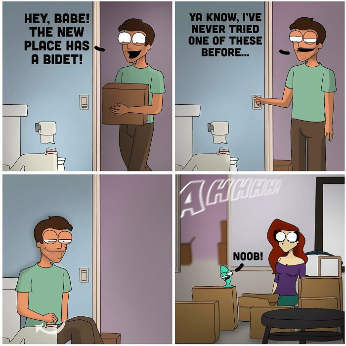 Comic strip featuring a man humorously trying a bidet for the first time in a bold and hilarious comic style.